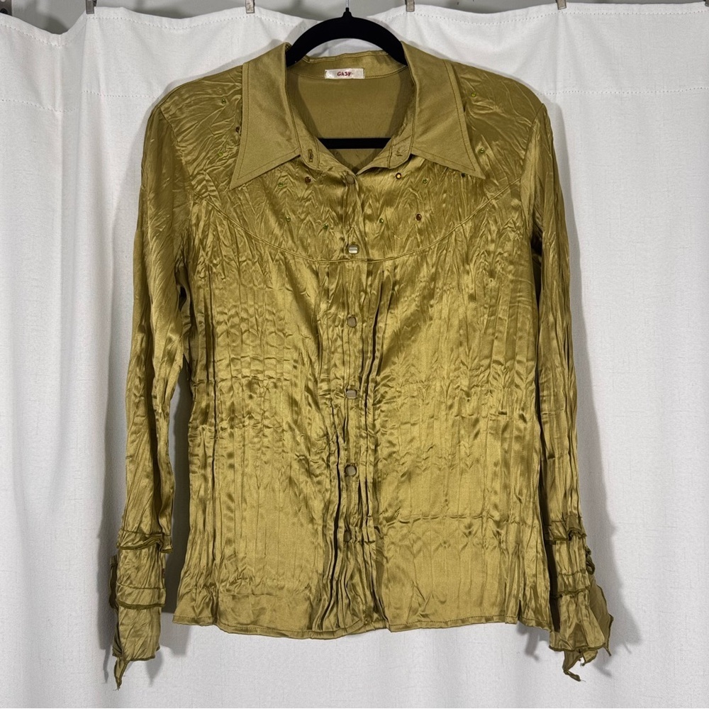 Vintage Silk Bronze Gold Y2K Crinkled Button Up Blouse